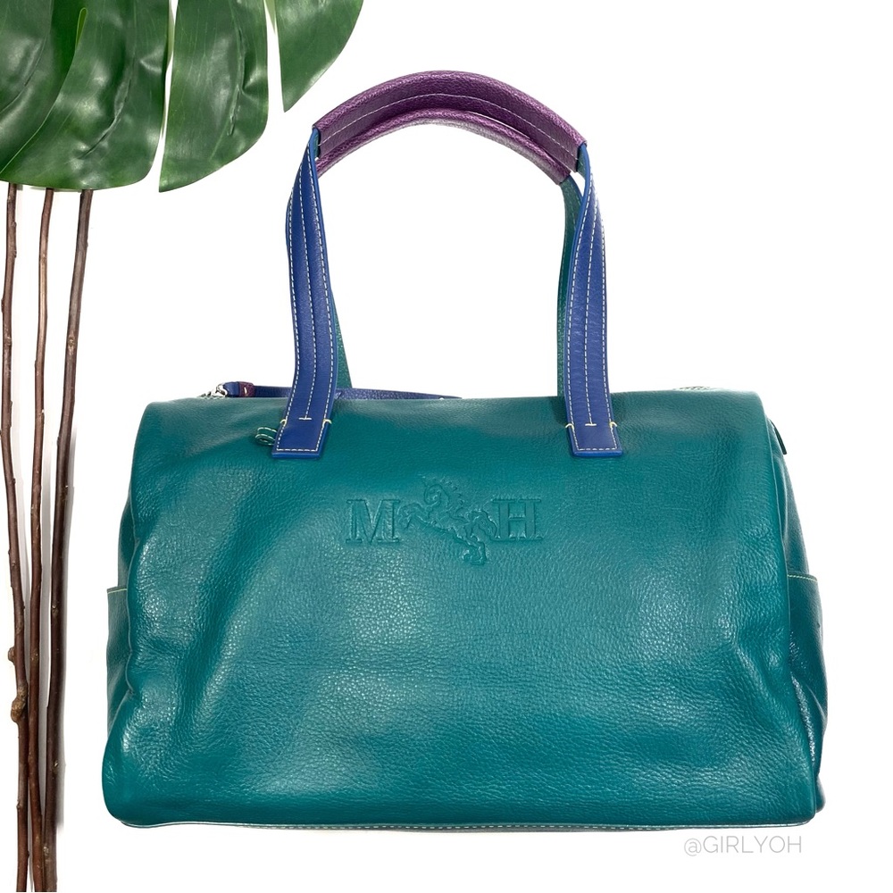 Mario Hernandez Green Purple Leather Travel Duffle Bag
